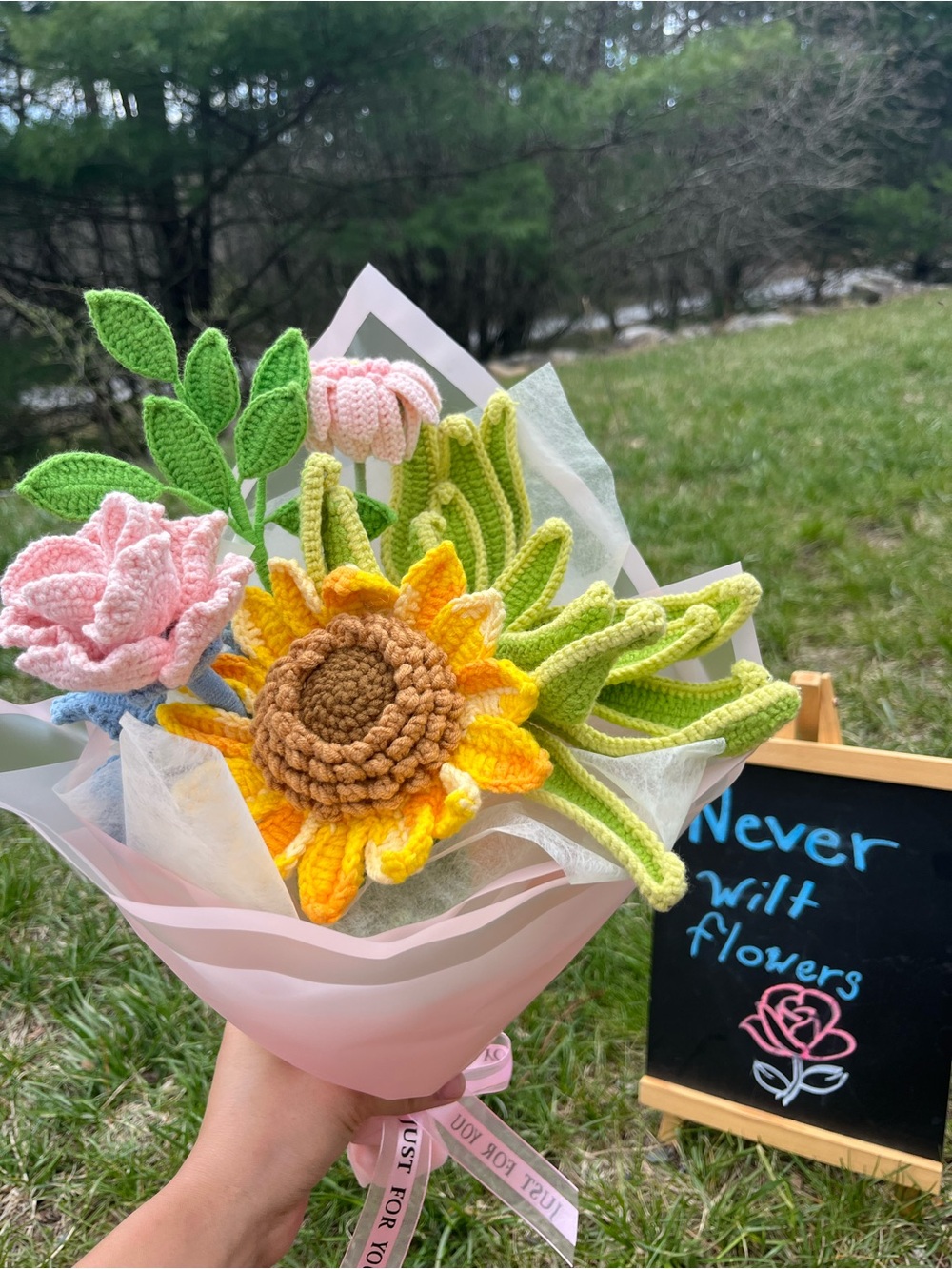 Handmade Crochet Flower Bouquet - Sunflower & Roses, Yellow Pink Green